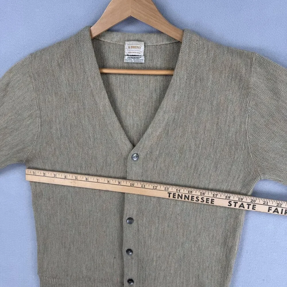 Vintage Brent Sweater Mens Large Beige Acrylic V Neck Knit Cardigan Zefkrome 60s